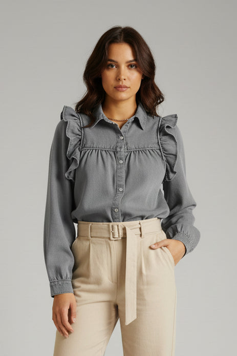 Riley | Denim Ruffle Blouse